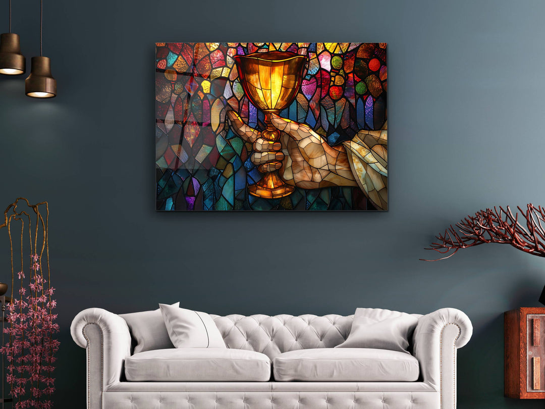 Religious Bread and Wine Stained Glass Pattern Glass Printing Wall Art - Glass Wall Decor