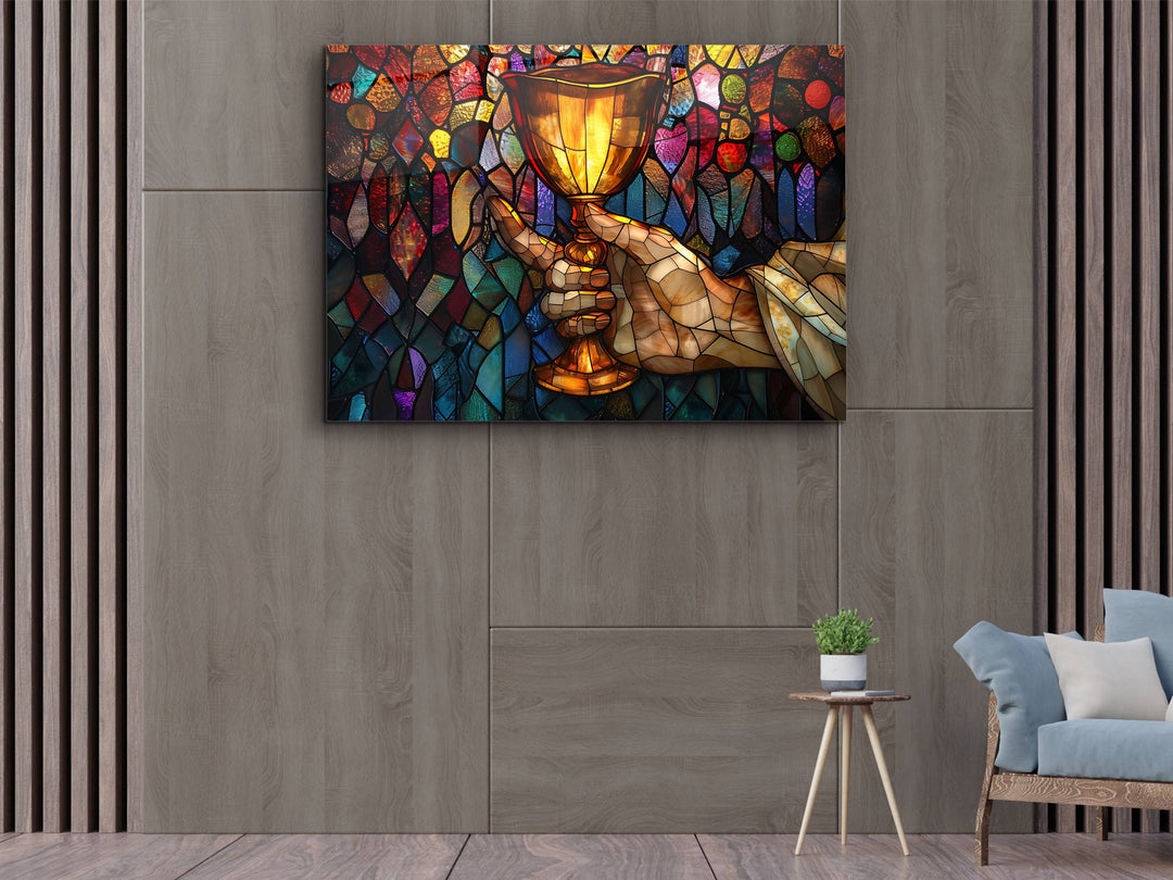 Religious Bread and Wine Stained Glass Pattern Glass Printing Wall Art - Glass Wall Decor
