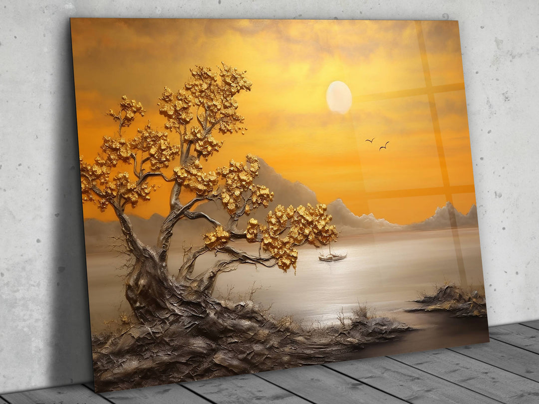 Sunset Landscape Glass Printing Wall Art - Gold Glass Wall Decor