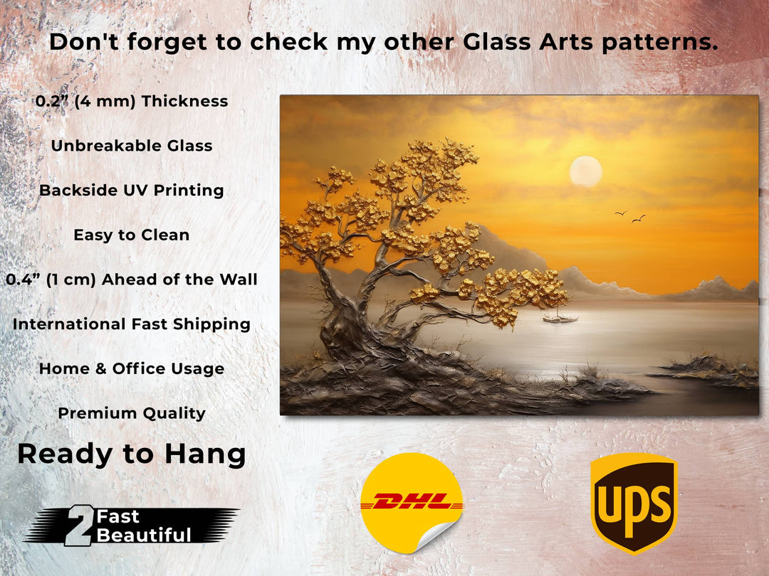 Sunset Landscape Glass Printing Wall Art - Gold Glass Wall Decor