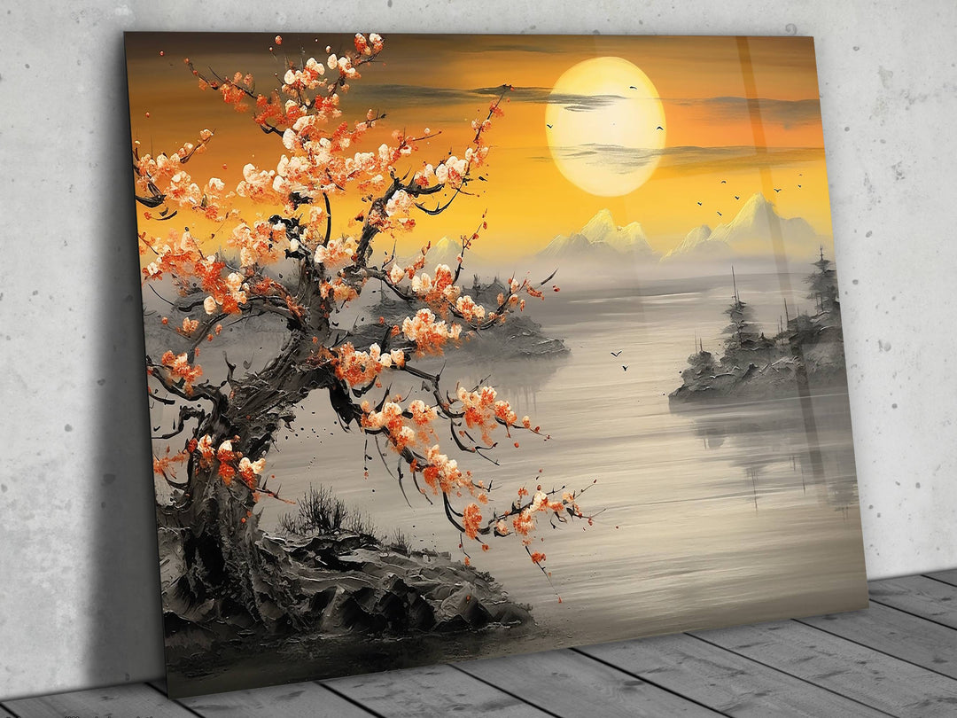 Sunset Landscape Glass Printing Wall Art - Gold Glass Wall Decor