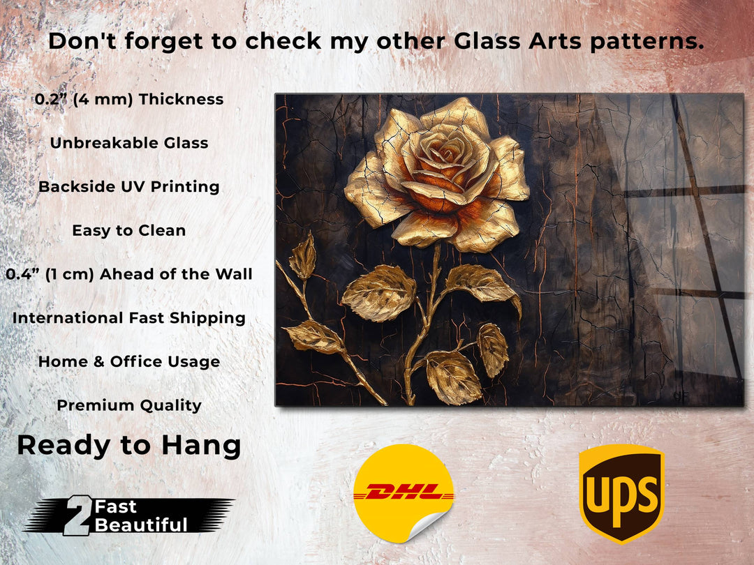 Gold Rose Glass Printing Wall Art - Glass Wall Decor