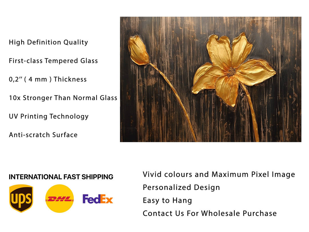 Gold Flower Glass Printing Wall Art - Glass Wall Decor