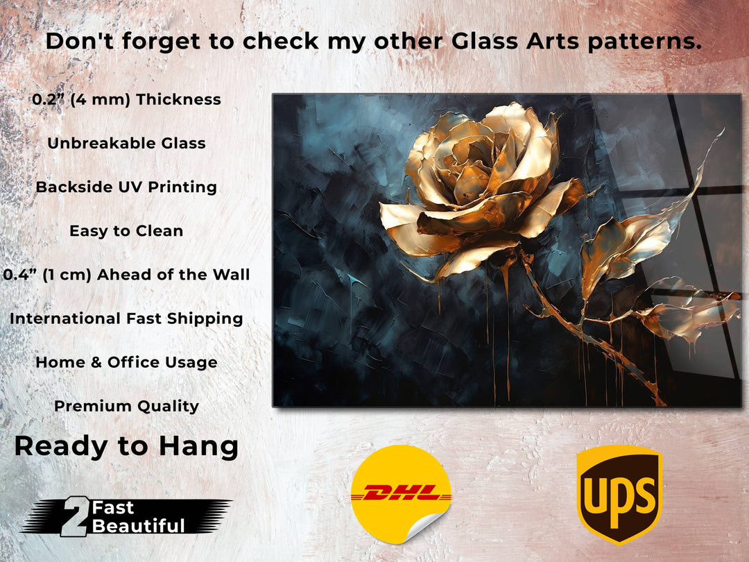 Gold Rose Glass Printing Wall Art - Glass Wall Decor