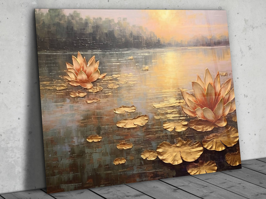 Gold Lotus Glass Printing Wall Art - Landscape Glass Wall Decor