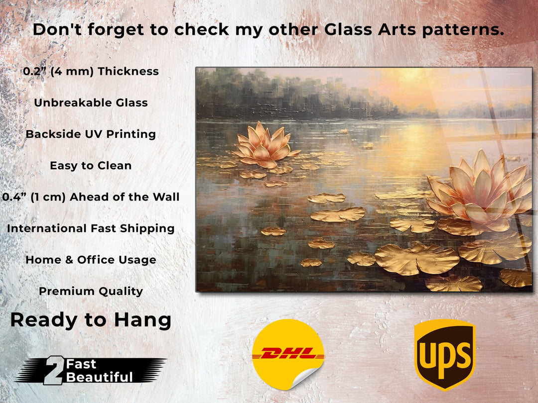 Gold Lotus Glass Printing Wall Art - Landscape Glass Wall Decor