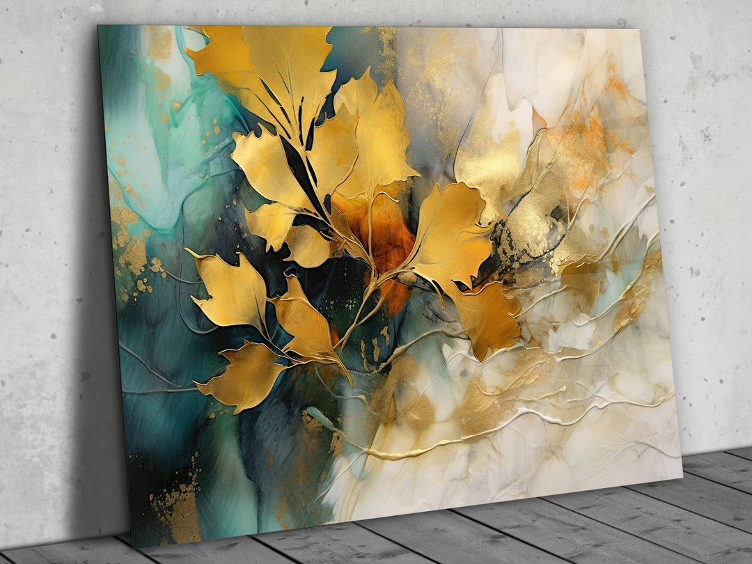 Gold Floral Glass Printing Wall Art - Glass Wall Decor