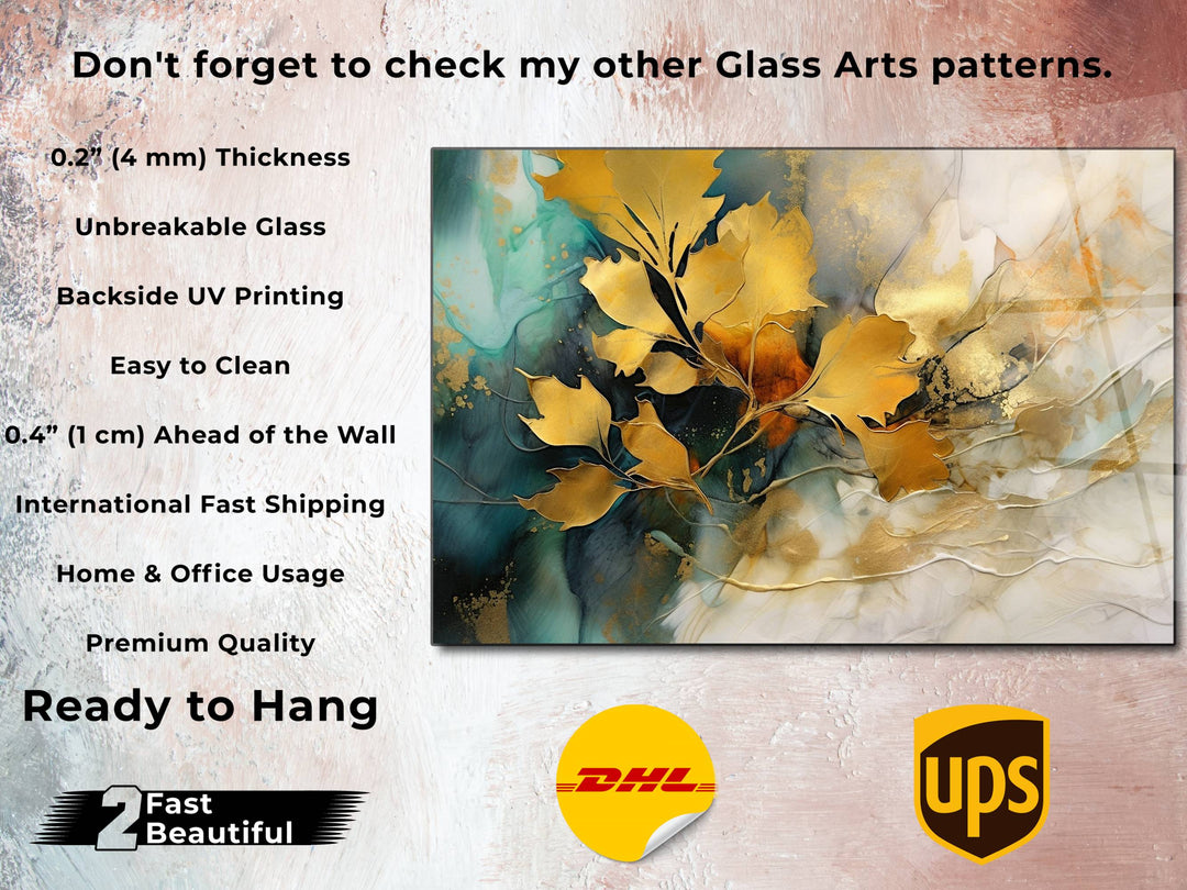 Gold Floral Glass Printing Wall Art - Glass Wall Decor