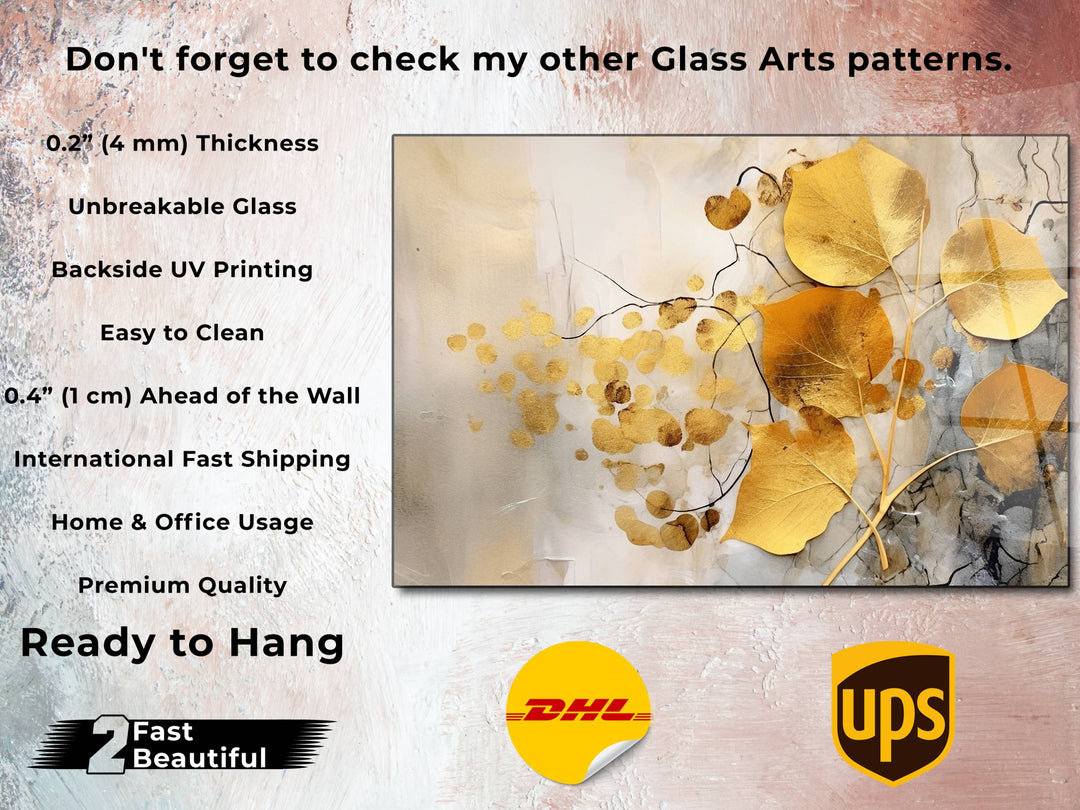 Gold Floral Glass Printing Wall Art - Glass Wall Decor