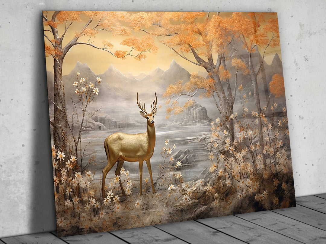 Gold Deer Glass Printing Wall Art - Landscape Glass Wall Decor