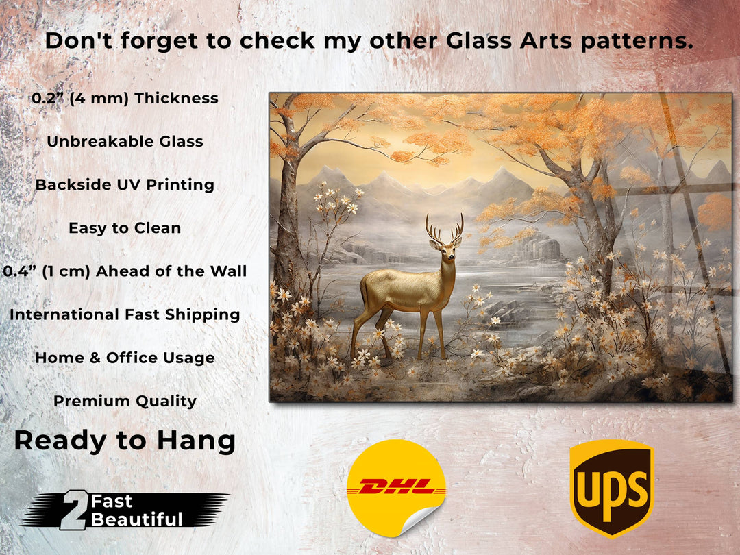 Gold Deer Glass Printing Wall Art - Landscape Glass Wall Decor