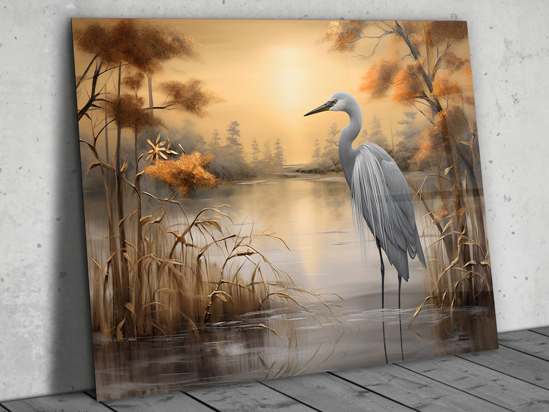 Stork Gold Glass Printing Wall Art - Landscape Glass Wall Decor