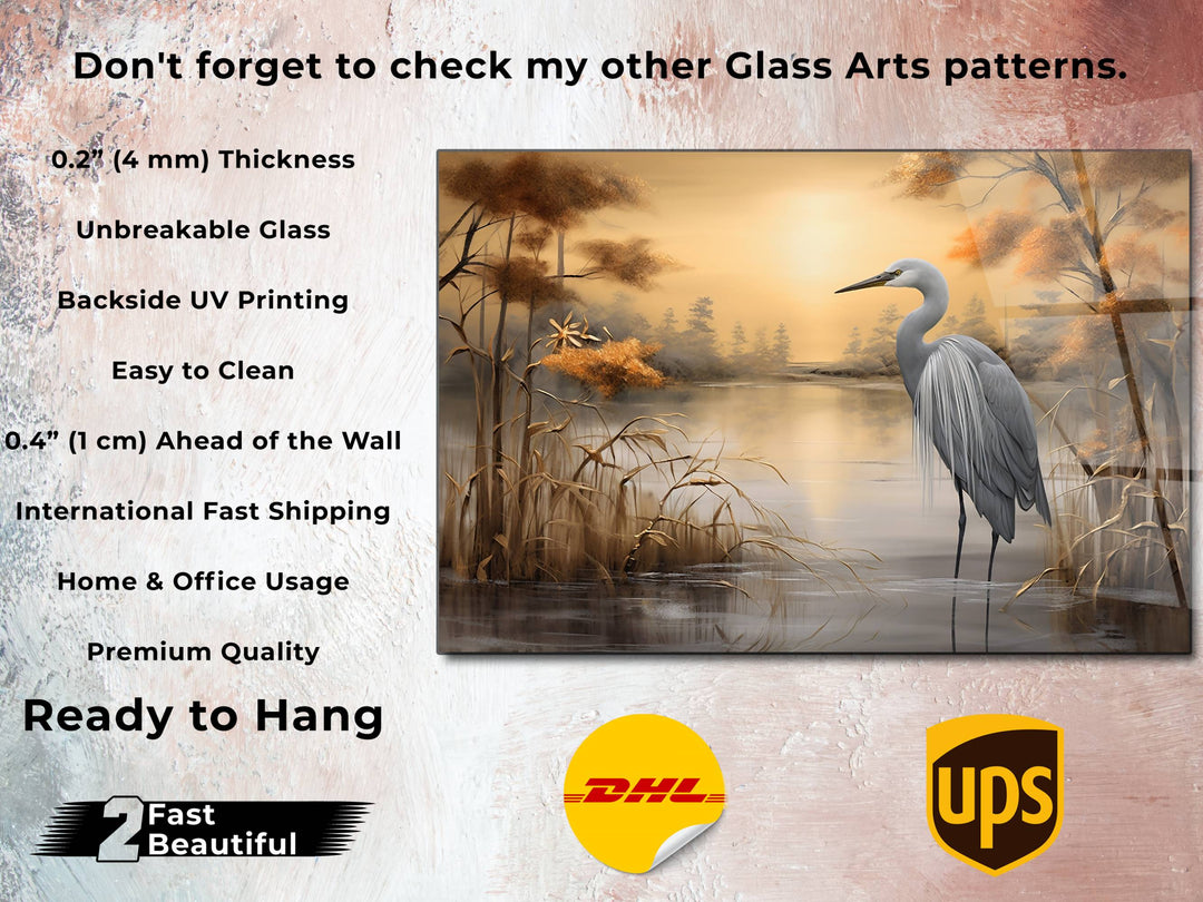 Stork Gold Glass Printing Wall Art - Landscape Glass Wall Decor