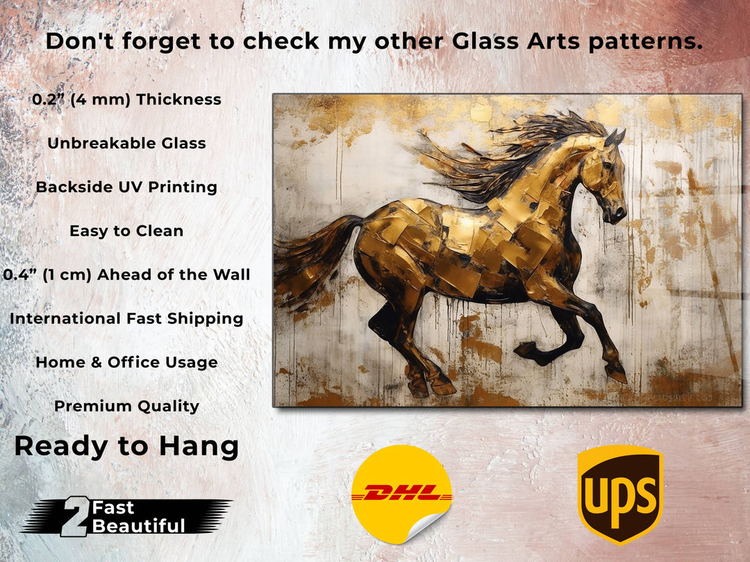 Gold Horse Glass Printing Wall Art - Glass Wall Decor