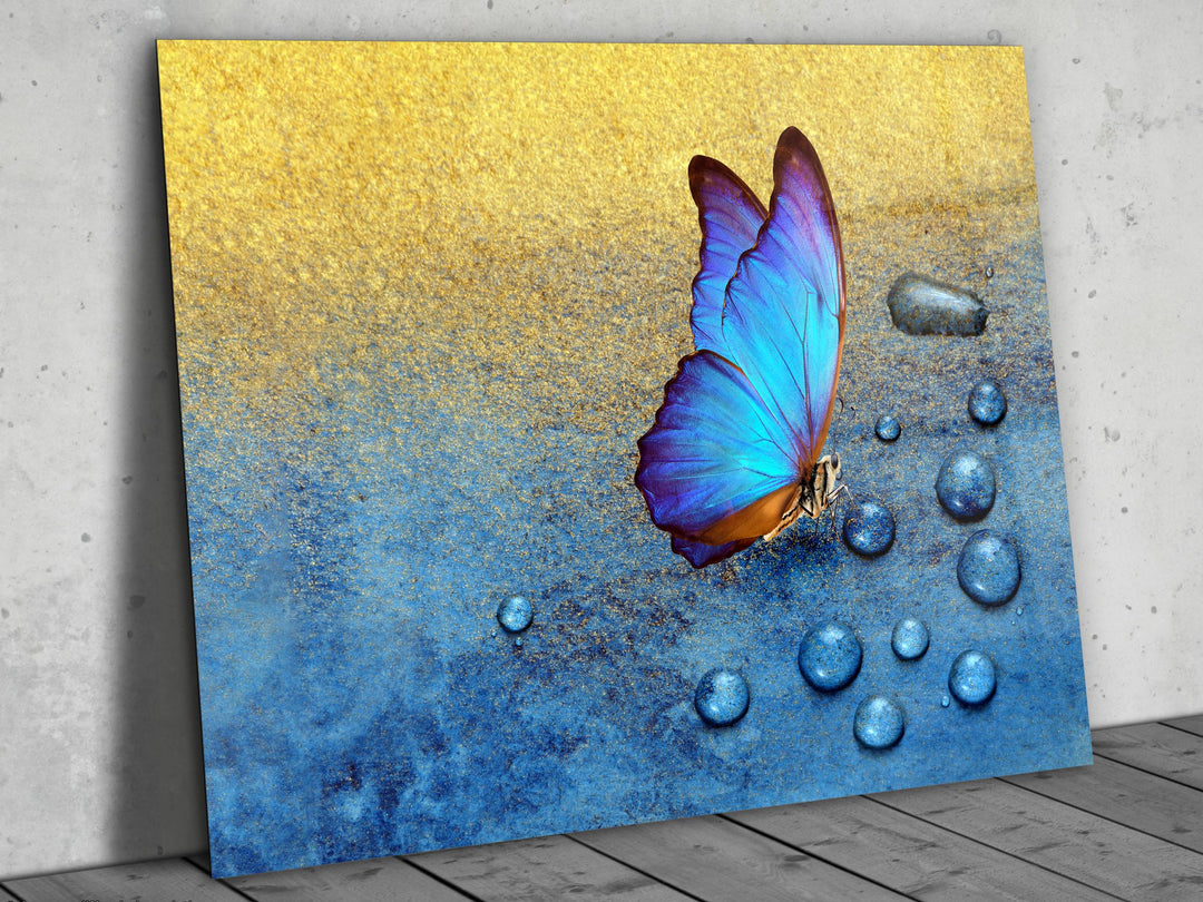 Blue Butterfly Glass Printing Wall Art - Modern Glass Wall Decor