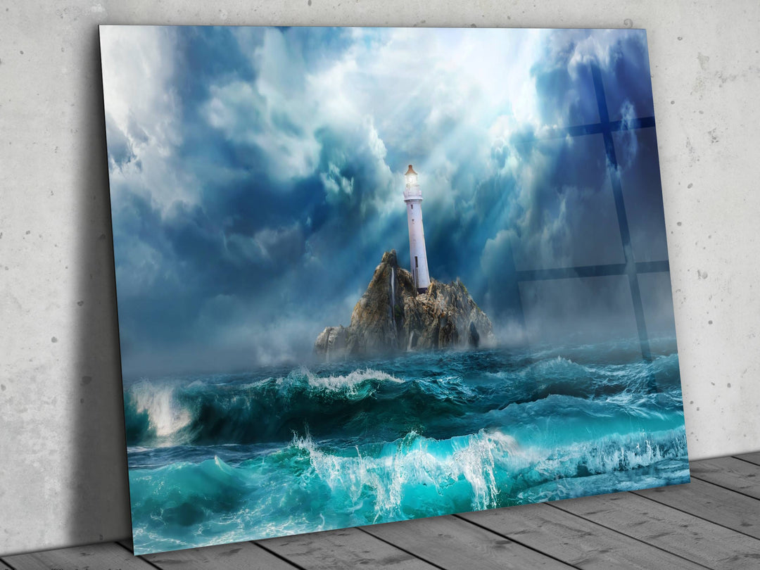 Lighthouse Blue Ocean Glass Printing Wall Art - Modern Glass Wall Decor