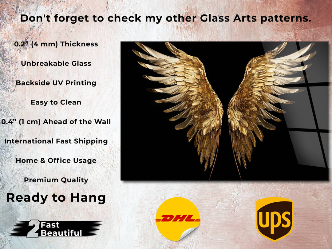 Gold Angel Wings Glass Printing Wall Art - Modern Glass Wall Decor