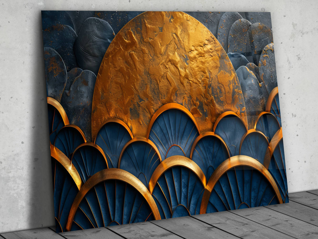 Abstract Gold Moon Glass Printing Wall Art- Ocean Wave Home&Office Wall Decor