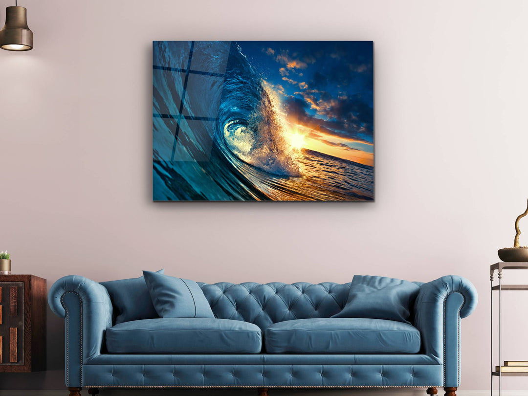 Blue Ocean Wave Glass Printing Wall Art - Abstract Glass Wall Decor