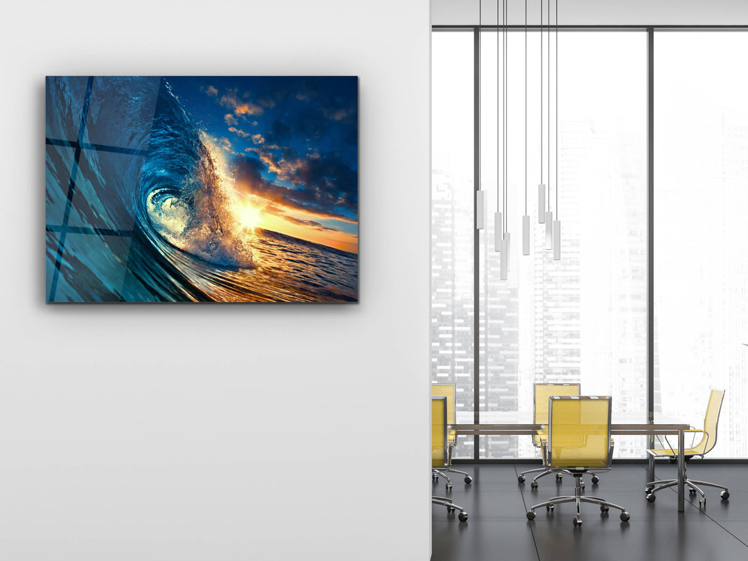 Blue Ocean Wave Glass Printing Wall Art - Abstract Glass Wall Decor