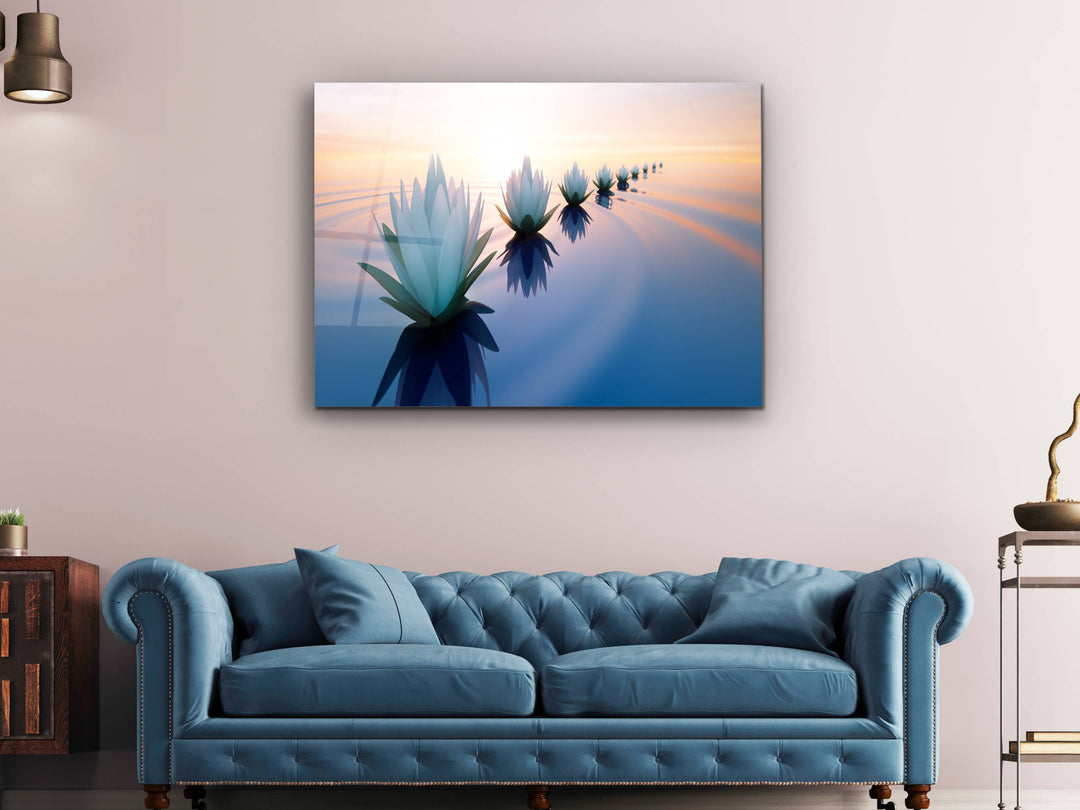 Abstract Lotus Glass Printing Wall Art - Modern Sunset Glass Wall Decor