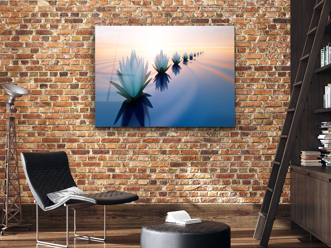 Abstract Lotus Glass Printing Wall Art - Modern Sunset Glass Wall Decor