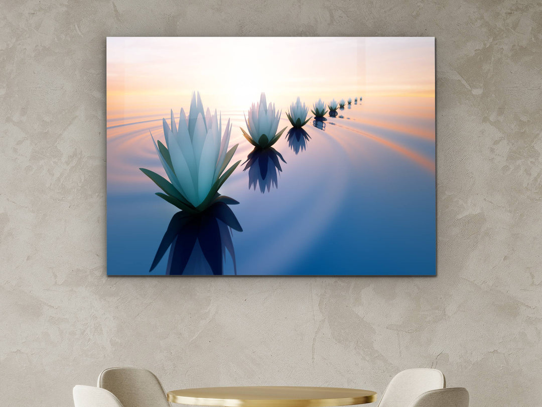 Abstract Lotus Glass Printing Wall Art - Modern Sunset Glass Wall Decor