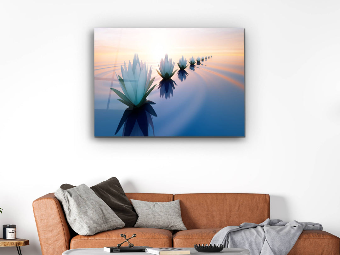 Abstract Lotus Glass Printing Wall Art - Modern Sunset Glass Wall Decor