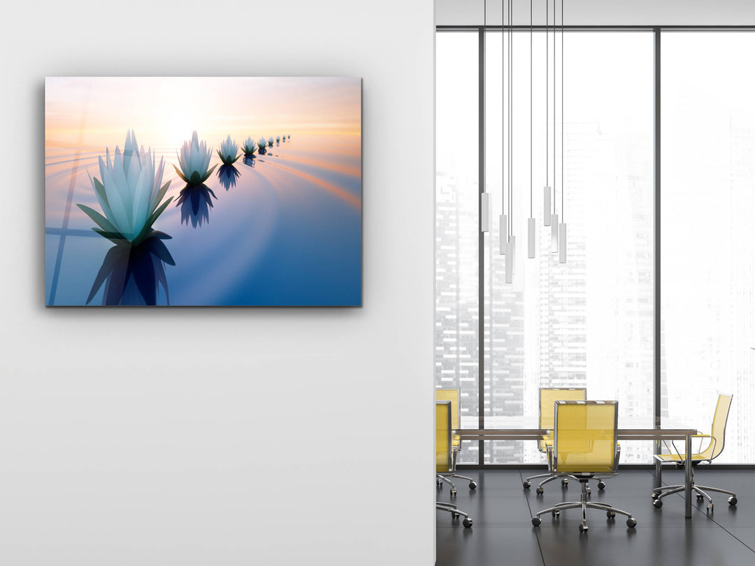 Abstract Lotus Glass Printing Wall Art - Modern Sunset Glass Wall Decor