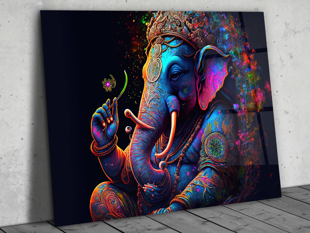 Ganesha-Colorful Elephant Glass Printing Wall Art - Modern Glass Wall Decor