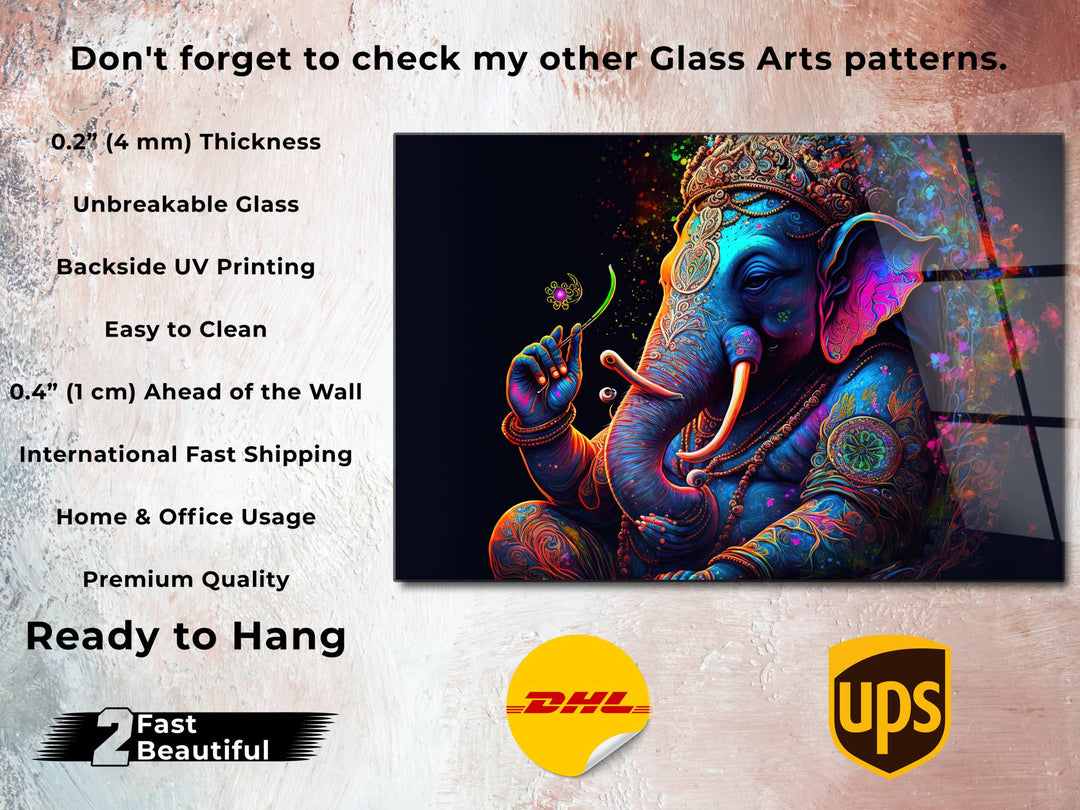 Ganesha-Colorful Elephant Glass Printing Wall Art - Modern Glass Wall Decor