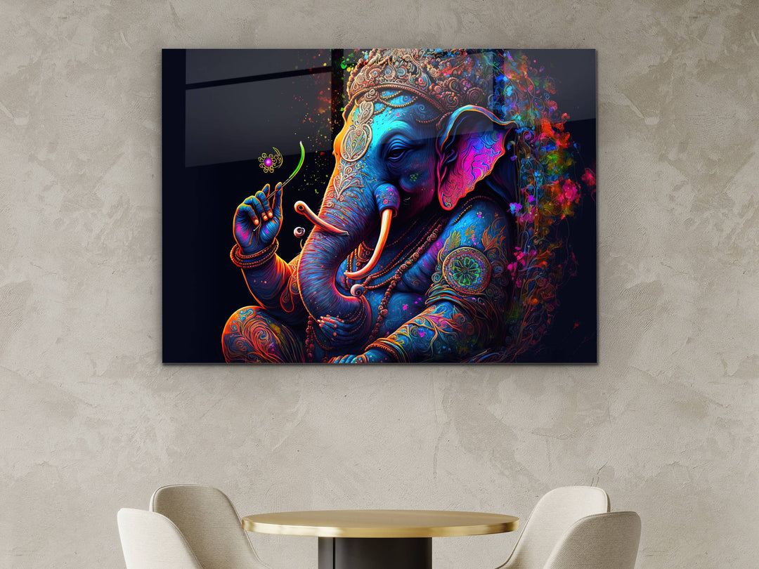 Ganesha-Colorful Elephant Glass Printing Wall Art - Modern Glass Wall Decor