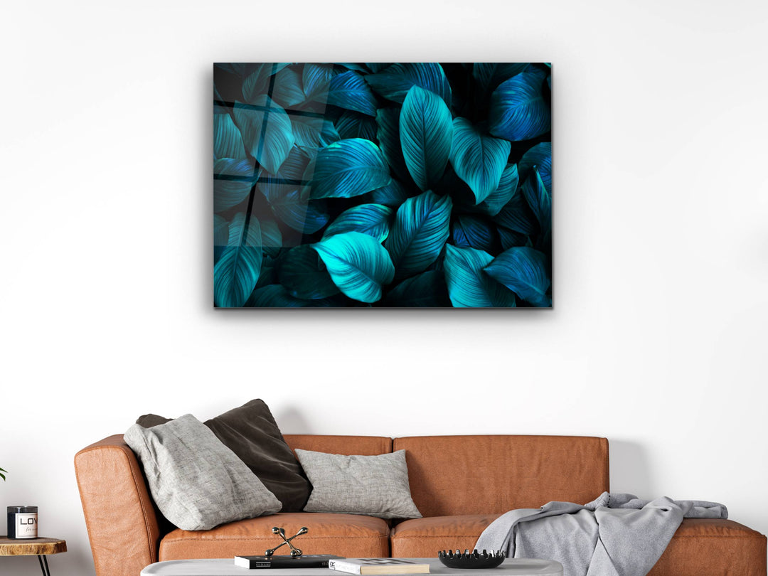 Abstract Blue Leaf Glass Printing Wall Art - Floral Wall Decor