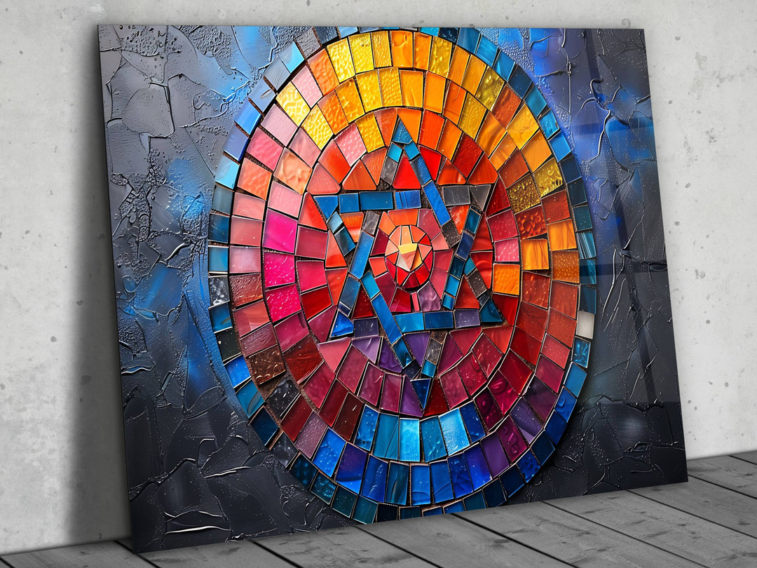 Abstract  Colorful Stained Glass Pattern Glass Printing Wall Art - Star of David Glass Wall Decor