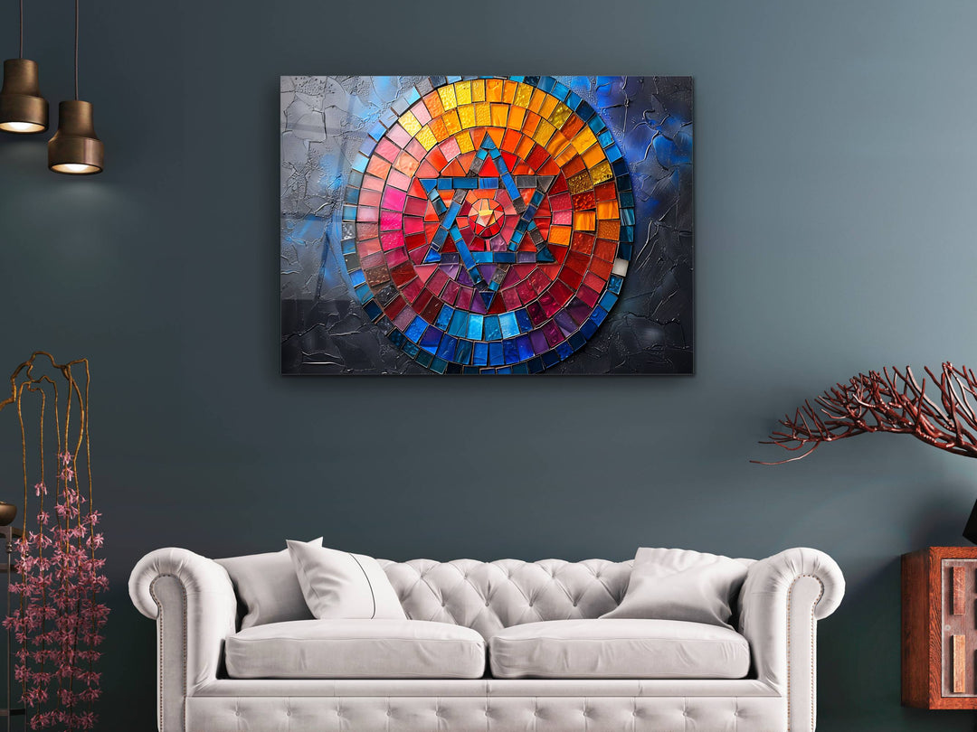 Abstract  Colorful Stained Glass Pattern Glass Printing Wall Art - Star of David Glass Wall Decor