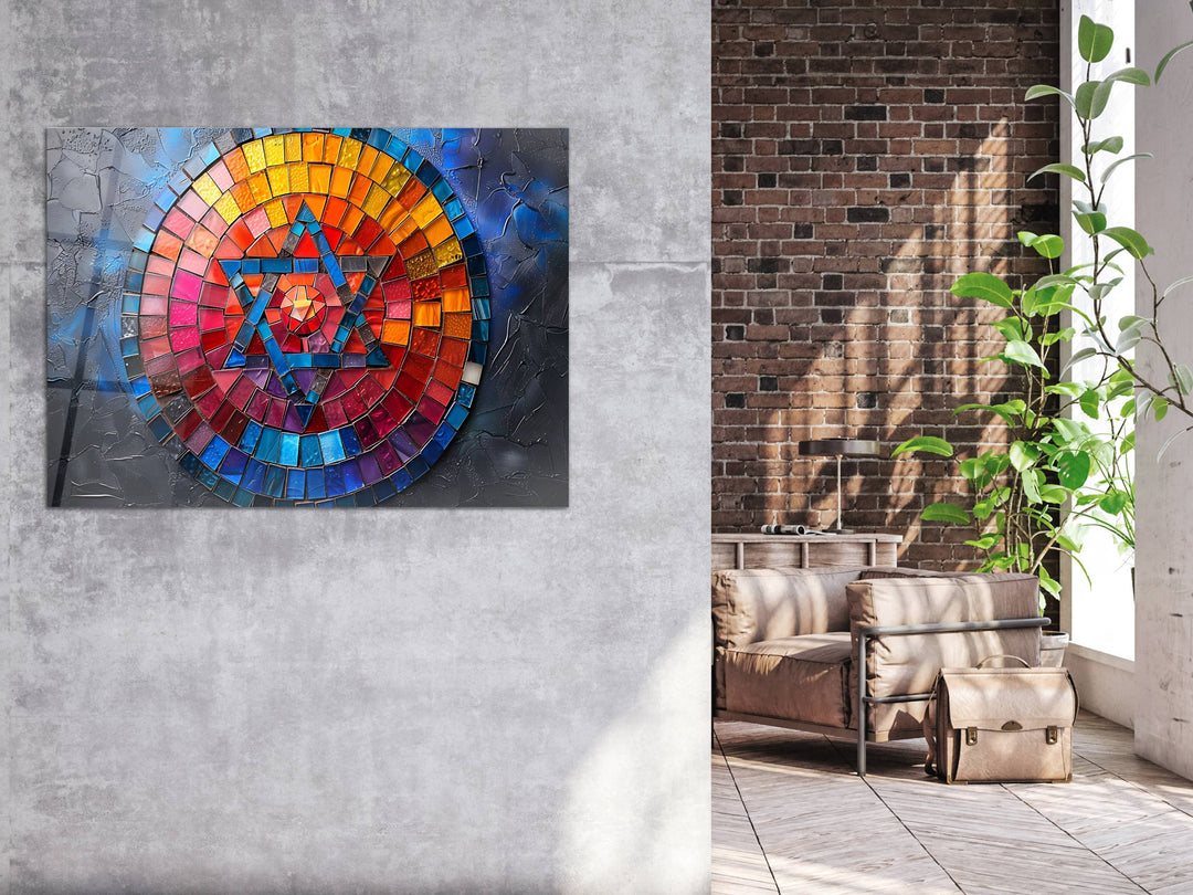 Abstract  Colorful Stained Glass Pattern Glass Printing Wall Art - Star of David Glass Wall Decor