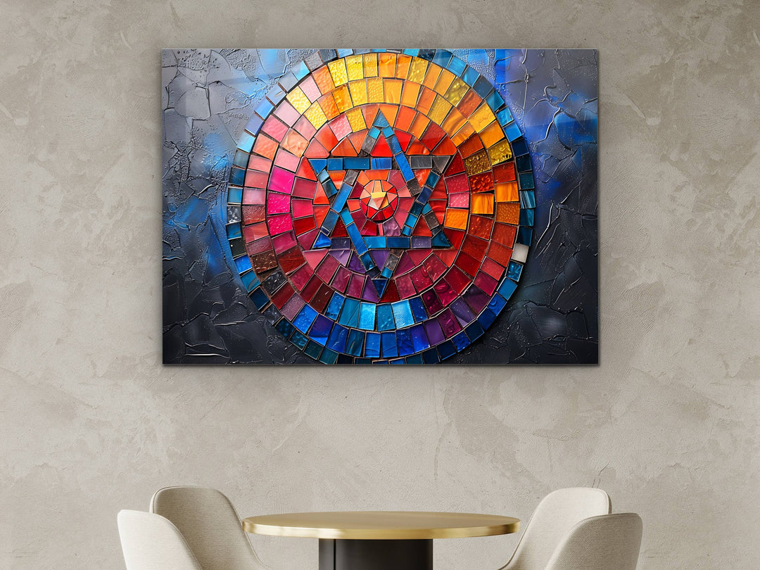 Abstract  Colorful Stained Glass Pattern Glass Printing Wall Art - Star of David Glass Wall Decor