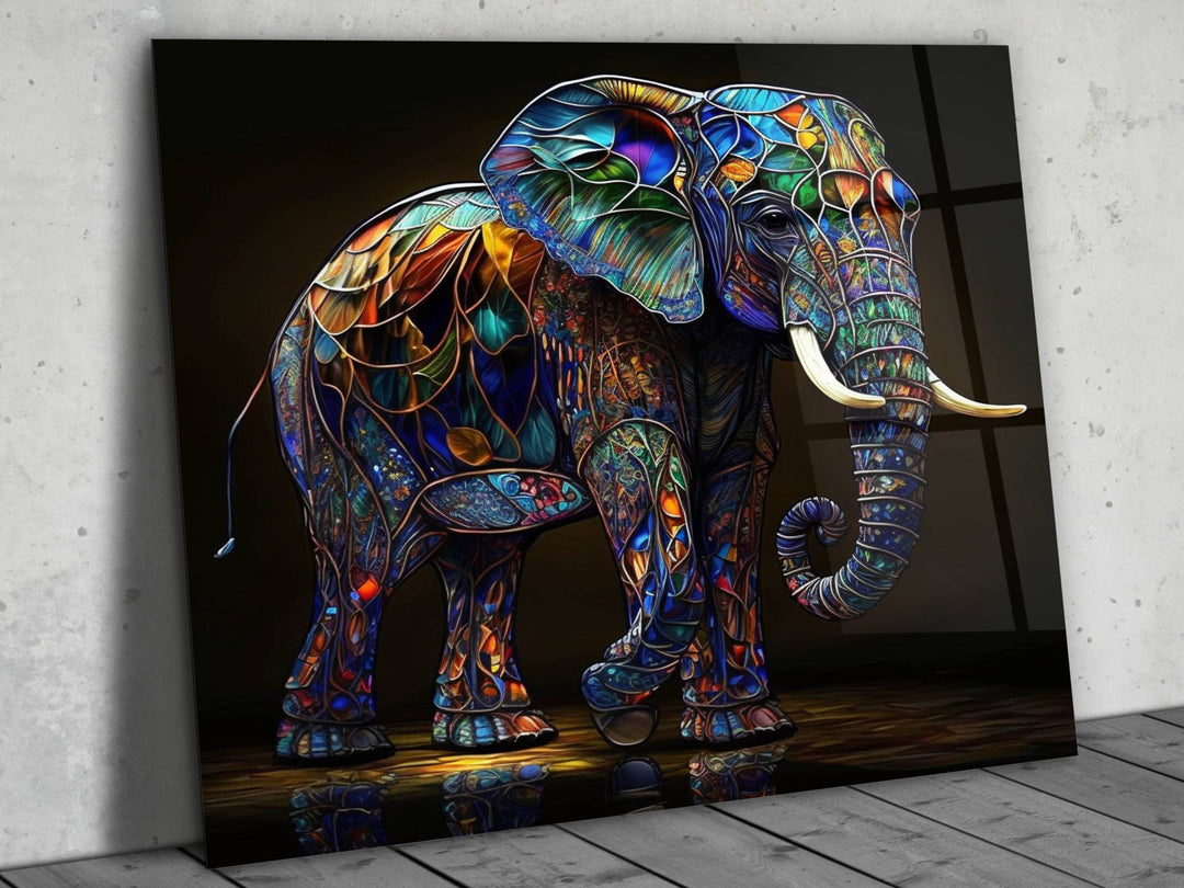 Elephant Colorful Stained Glass Pattern Glass Printing Wall Art - Glass Wall Decor