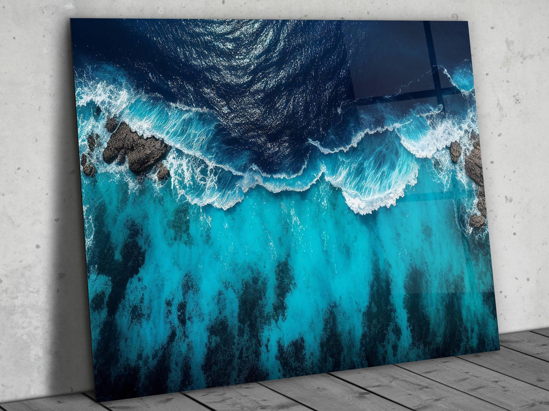 Blue Ocean Glass Printing Wall Art - Abstract Ocean Wave Glass Wall Decor