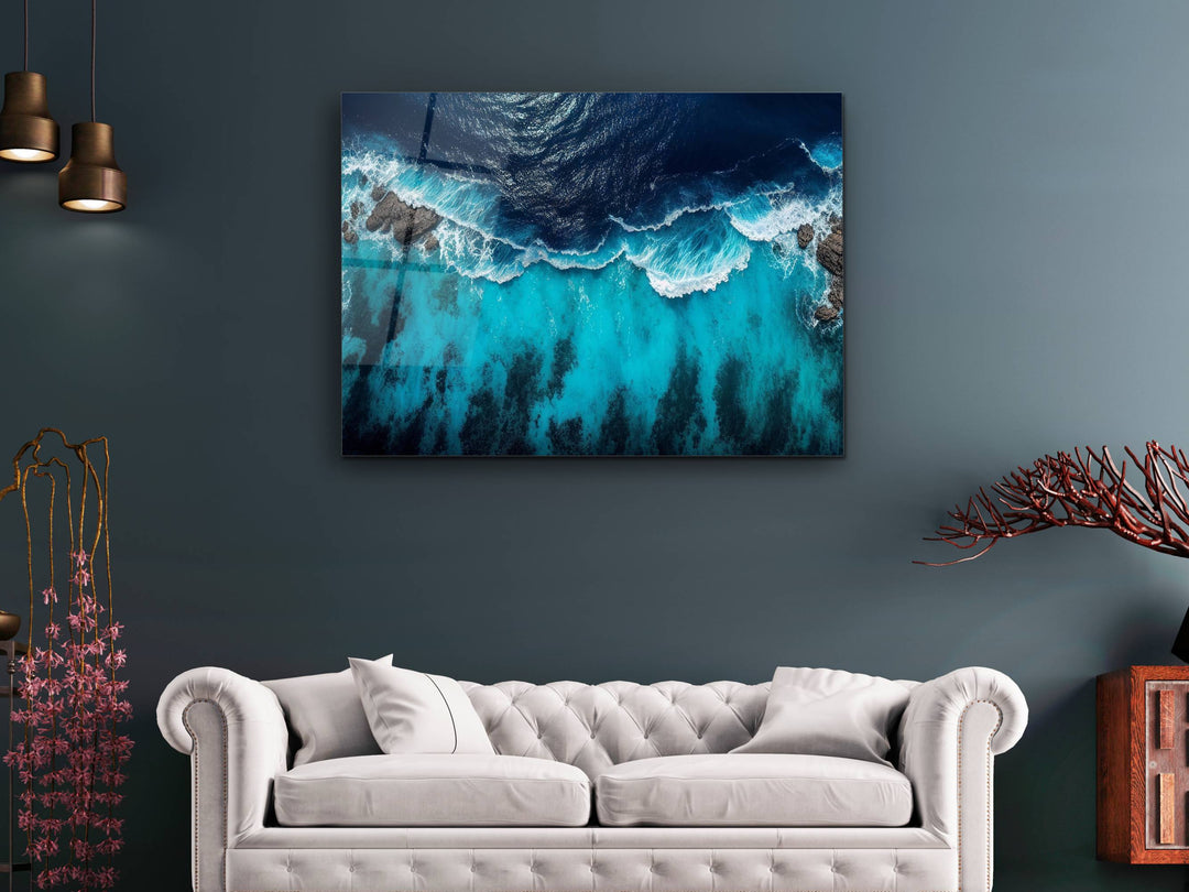 Blue Ocean Glass Printing Wall Art - Abstract Ocean Wave Glass Wall Decor