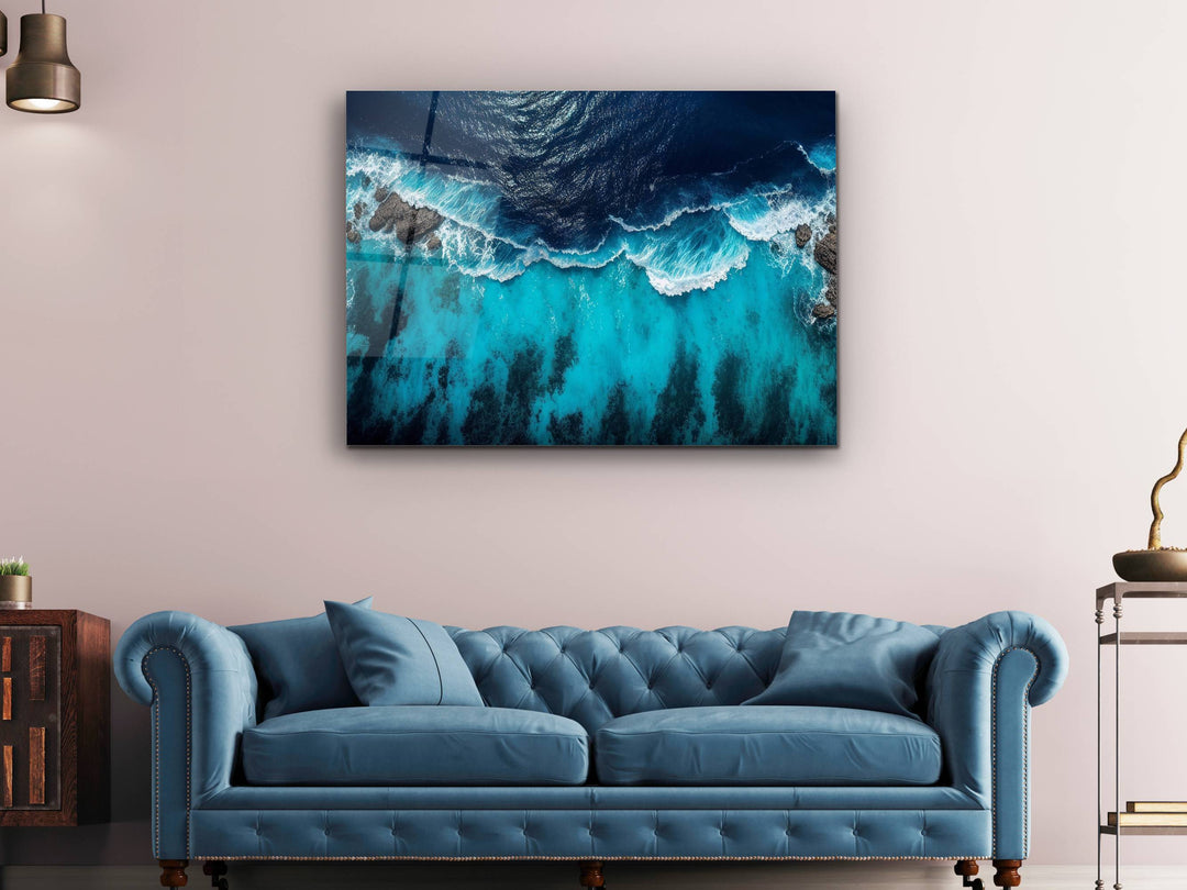 Blue Ocean Glass Printing Wall Art - Abstract Ocean Wave Glass Wall Decor