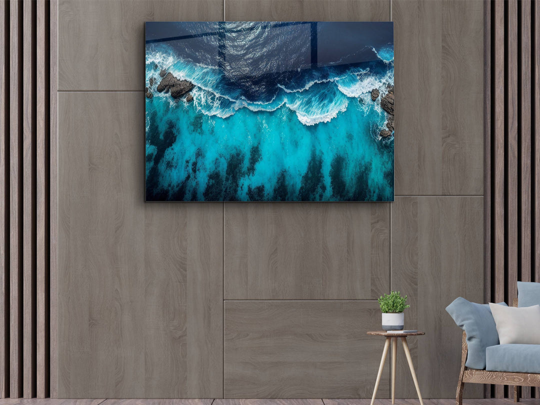 Blue Ocean Glass Printing Wall Art - Abstract Ocean Wave Glass Wall Decor