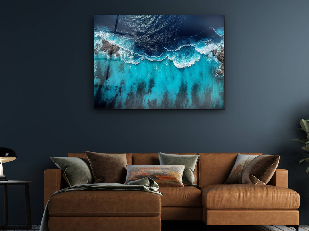 Blue Ocean Glass Printing Wall Art - Abstract Ocean Wave Glass Wall Decor