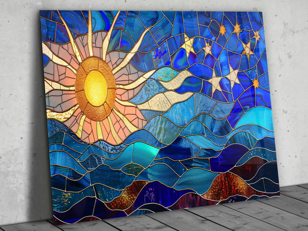 Abstract Colorful Stained Glass Sun Pattern Glass Printing Wall Art - Glass Wall Decor