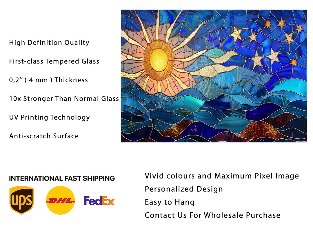 Abstract Colorful Stained Glass Sun Pattern Glass Printing Wall Art - Glass Wall Decor