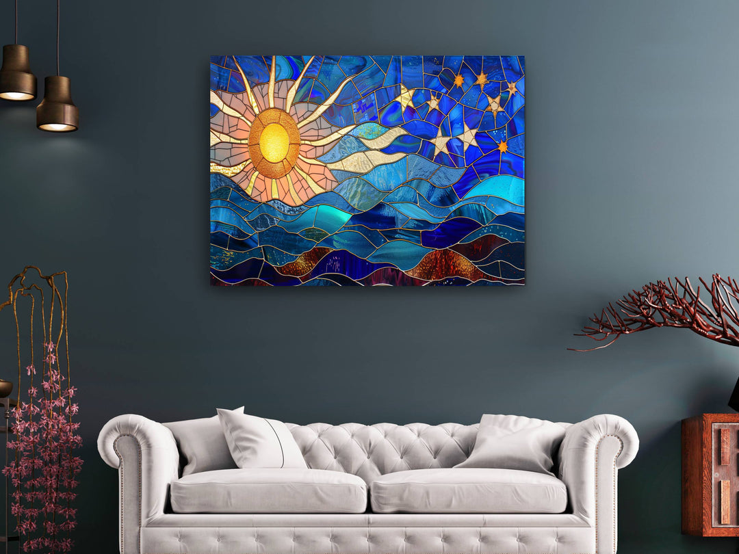 Abstract Colorful Stained Glass Sun Pattern Glass Printing Wall Art - Glass Wall Decor