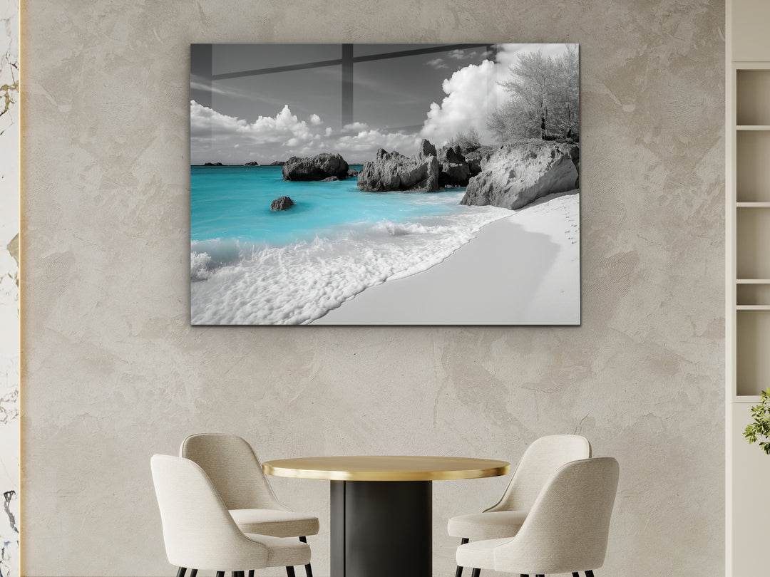 Black and White Beach Glass Printing Wall Art - Landscape Home&Office Wall Decor - Modern Glass Wall Art