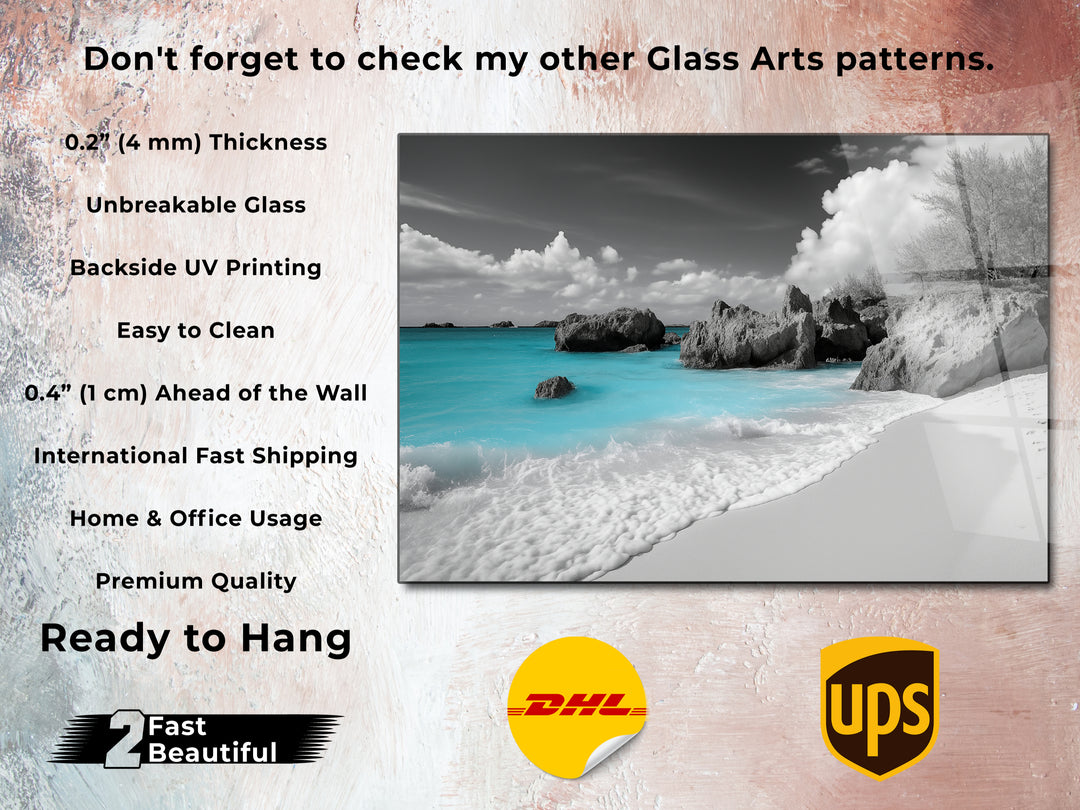 Black and White Beach Glass Printing Wall Art - Landscape Home&Office Wall Decor - Modern Glass Wall Art