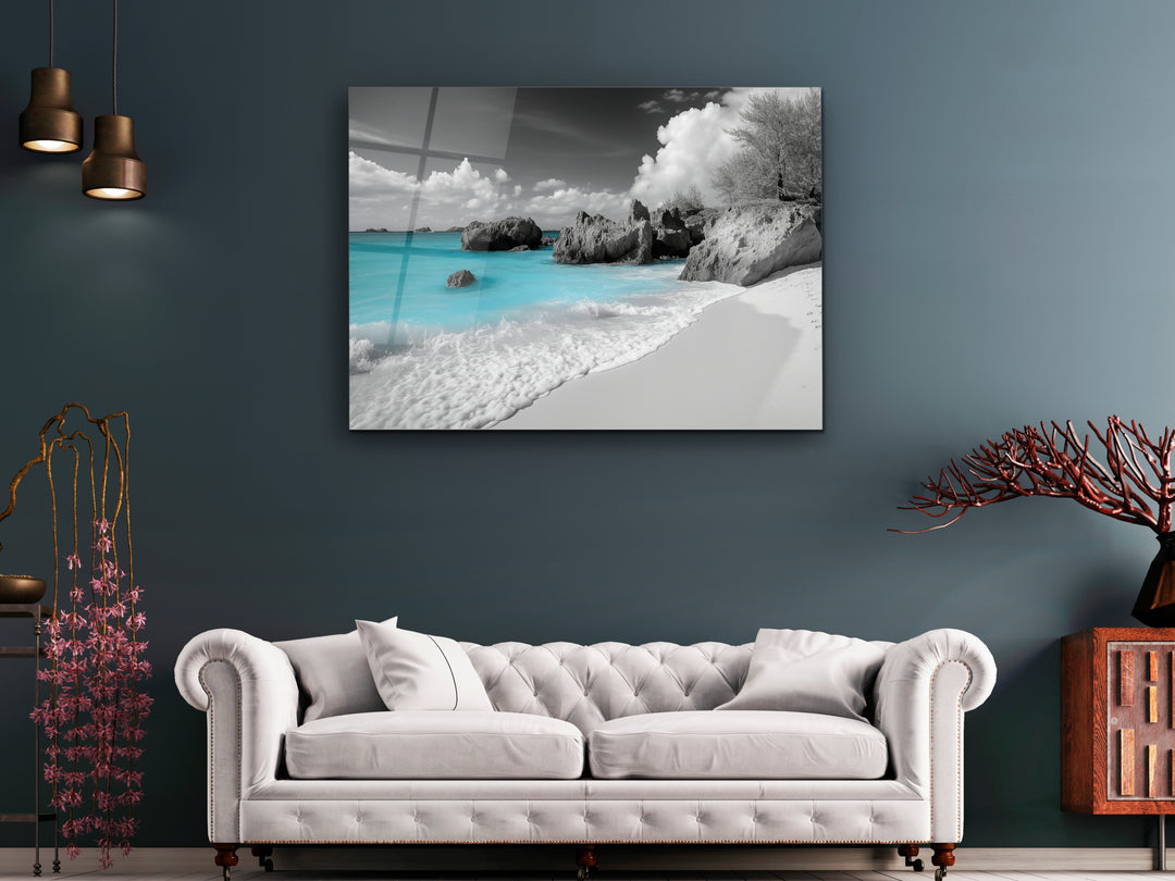 Black and White Beach Glass Printing Wall Art - Landscape Home&Office Wall Decor - Modern Glass Wall Art