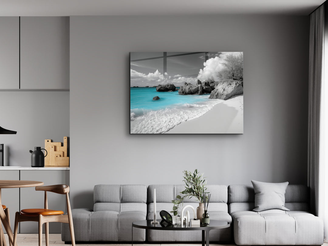 Black and White Beach Glass Printing Wall Art - Landscape Home&Office Wall Decor - Modern Glass Wall Art